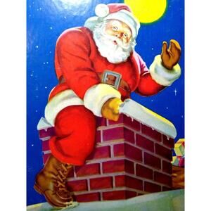 Vintage Santa Claus Moon Lit Chimney Cardboard Art Print Thick Christmas Gift